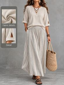 Linhara CURVE Plus Size Women Textured Top And Striped Contrast Color Maxi Skirt Set Vacation Formal Grey Beige Fall Clothes For Women - Khaki - View 3