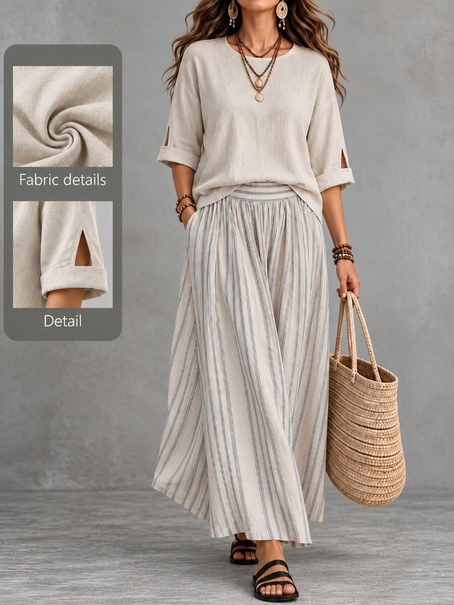 Linhara CURVE Plus Size Women Textured Top And Striped Contrast Color Maxi Skirt Set Vacation Formal Grey Beige Fall Clothes For Women - Khaki - View 1
