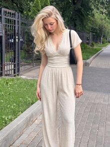 SHEIN MOD Apricot Ruched Lace Long Wide Leg Jumpsuit - Apricot - View 4