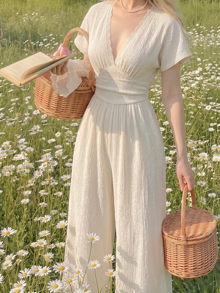 SHEIN MOD Apricot Ruched Lace Long Wide Leg Jumpsuit - Apricot - View 1
