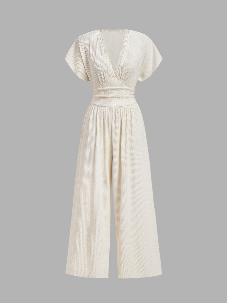 SHEIN MOD Apricot Ruched Lace Long Wide Leg Jumpsuit - Apricot - View 3