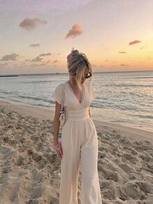 SHEIN MOD Apricot Ruched Lace Long Wide Leg Jumpsuit - Apricot - View 2
