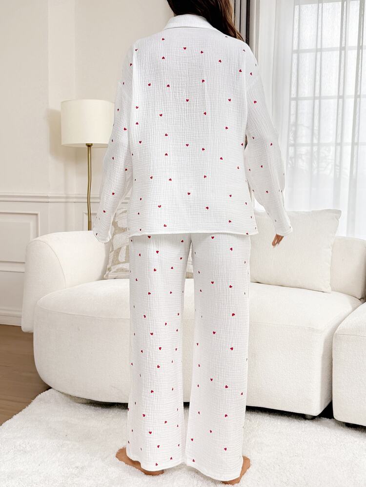 Slowluna Maternity Heart Pattern Long Sleeve Single-Breasted Top And Adjustable Waist Long Pants Casual 2 Pieces Set Fall - Multicolor - View 5