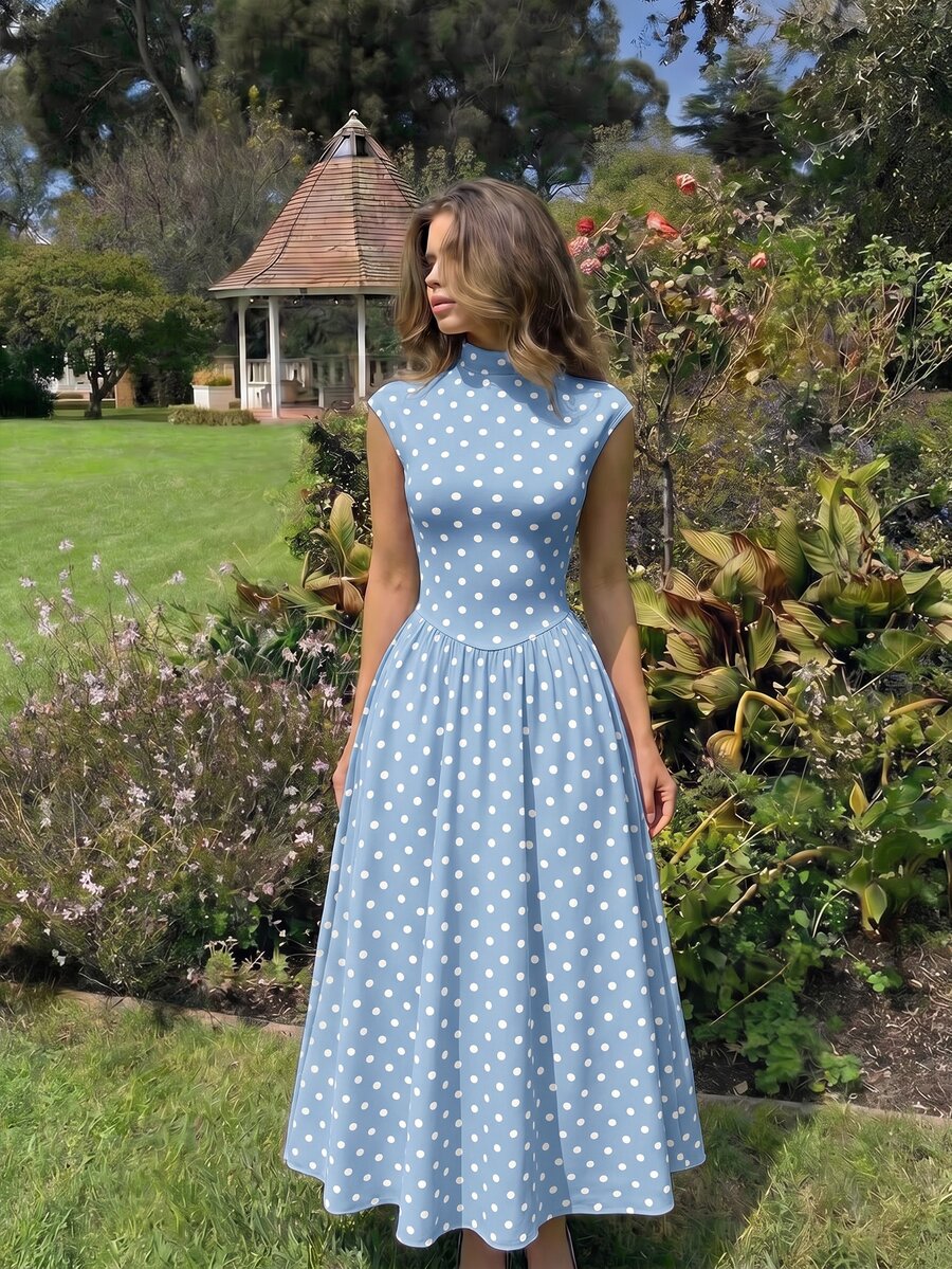 SHEIN MOD Gaun Rajut Panjang Leher Tinggi Motif Polkadot Biru untuk Wanita, Cocok untuk Pesta Kebun, Piknik, Musim Panas, Romantis, dan Bergaya Vintage. - Biru - View 1