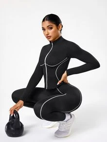 SHEIN Sports 无缝拉链瑜伽外套，便捷拉链设计，撞色拼接，纹理线条，适合健身、运动、户外跑步 - 黑色 - 查看 8
