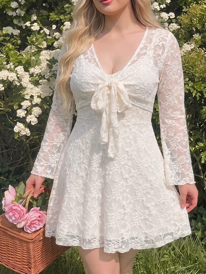 SHEIN MOD Plus Size Front Tie V-Neck Flare Sleeve A-Line Cami Mini Skirt Set Party Date Night Formal Evening Gathering Birthday Wedding All White Autumn Elegant
