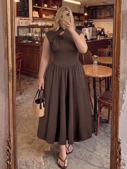 SHEIN MOD Plus Size Women's Solid Color Pleated Collar Elegant Waist-Cinched Long Dress, Suitable For Party, Date, Tea Party, Beach Party And Other Occasions, Coffee Brown, Country Style, Formal Occasions, Graduation Season