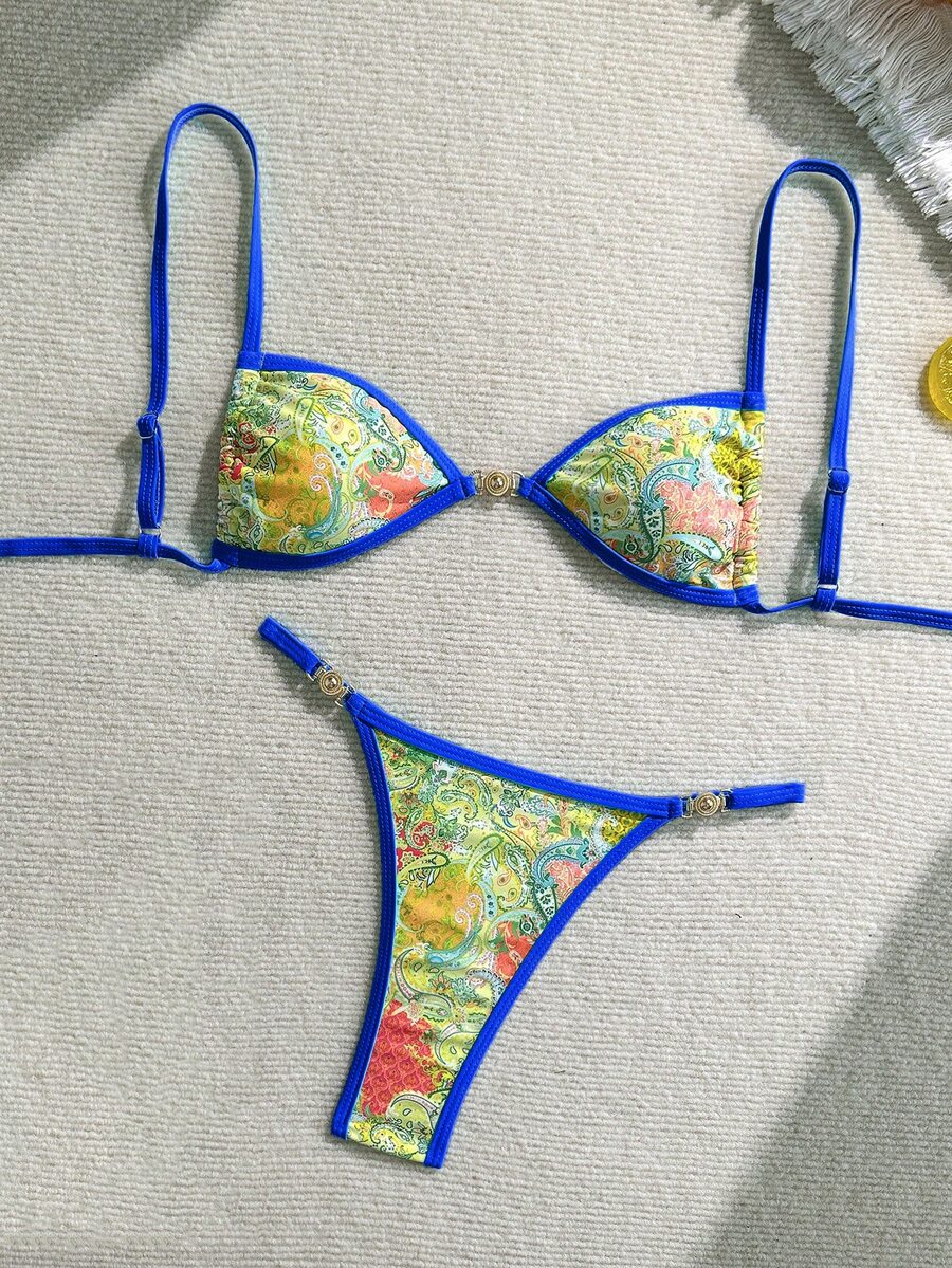 SHEIN Swim 女款 2 件式比基尼套裝 彩色印花泳衣 嬰兒藍 夏季 波西米亞風 海灘 度假情人節 夏威夷巴西圖案泳衣 - 彩色 - 查看 1