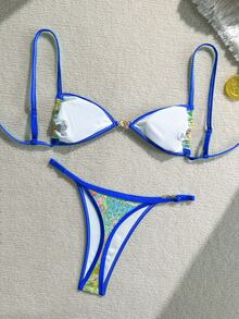 SHEIN Swim 女款 2 件式比基尼套裝 彩色印花泳衣 嬰兒藍 夏季 波西米亞風 海灘 度假情人節 夏威夷巴西圖案泳衣 - 彩色 - 查看 2