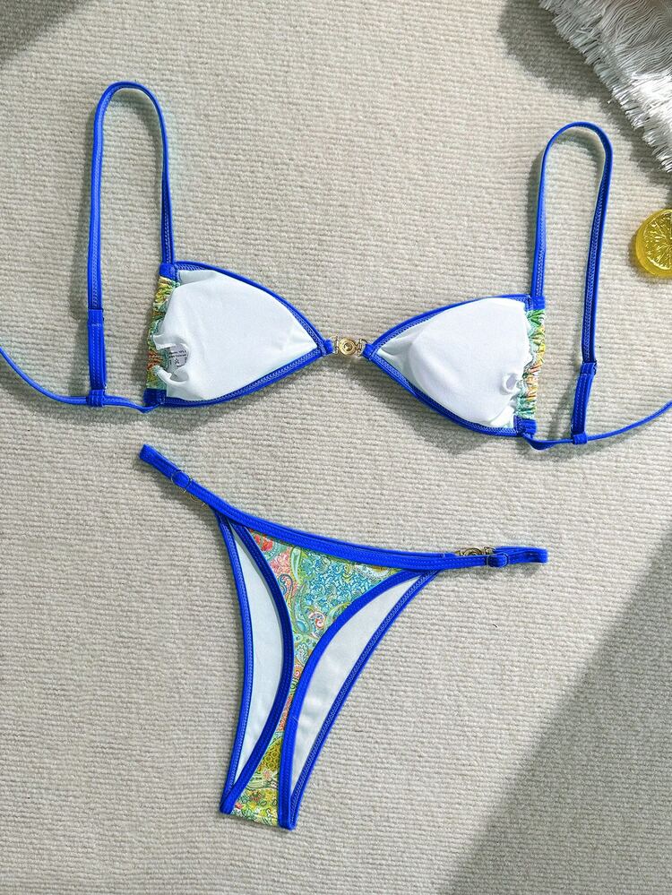 SHEIN Swim Women's 2 Pieces Bikini Set Colorful Printed Swimwear, Baby Blue, Summer, Boho, Beach, Holiday Vacation Valentine's Day Hawaii Brazil Pattern Swimwear - Multicolor - View 2