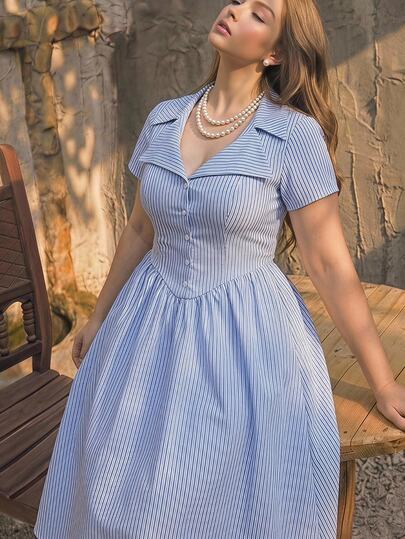 SHEIN MOD Plus Size Women's Solid Color Button Fitted Elegant Mid-Length Dress, Vintage Court Style, Old Money Vibe, Suitable For Work, Back-To-School, Date