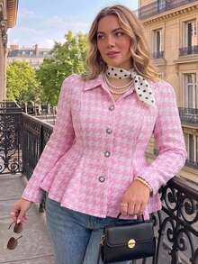 SHEIN MOD Plus Size Pink Houndstooth Lapel Blazer, Slim Fit Flared Hem Casual College Style For Girls, Rich Girl Aesthetic - Pink - View 7