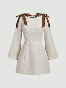 SHEIN MOD Women's Bow Decor Mini Dress - Khaki - View 9