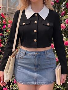SHEIN MOD Blazer Pendek Klasik dan Elegan untuk Wanita Ukuran Besar, Kerah Peter Pan, Penutup Kancing Logam, Gaya Retro Pendek, untuk Kantor - Hitam dan Putih - View 9