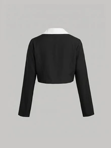 SHEIN MOD Blazer Pendek Klasik dan Elegan untuk Wanita Ukuran Besar, Kerah Peter Pan, Penutup Kancing Logam, Gaya Retro Pendek, untuk Kantor - Hitam dan Putih - View 3