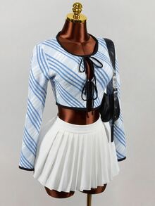 Mistrie New Arrival Lapel Pullover Sweater, Plaid Pattern Figure-Flattering Knit Top For Autumn & Winter Outfit - Blue and White - View 11