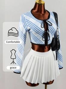 Mistrie New Arrival Lapel Pullover Sweater, Plaid Pattern Figure-Flattering Knit Top For Autumn & Winter Outfit - Blue and White - View 2