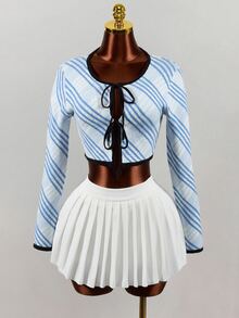 Mistrie New Arrival Lapel Pullover Sweater, Plaid Pattern Figure-Flattering Knit Top For Autumn & Winter Outfit - Blue and White - View 6
