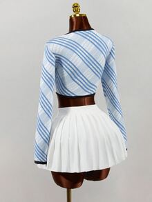 Mistrie New Arrival Lapel Pullover Sweater, Plaid Pattern Figure-Flattering Knit Top For Autumn & Winter Outfit - Blue and White - View 4