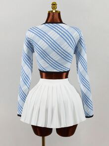 Mistrie New Arrival Lapel Pullover Sweater, Plaid Pattern Figure-Flattering Knit Top For Autumn & Winter Outfit - Blue and White - View 3
