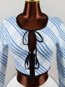 Mistrie New Arrival Lapel Pullover Sweater, Plaid Pattern Figure-Flattering Knit Top For Autumn & Winter Outfit - Blue and White - View 9