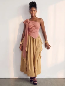 BamGlimmer Damen Sommer Oversized Romantisch Elegant Asymmetrisch Ein-Schulter gerafftes figurbetontes Top Saum Lässig Reise Date Brunch Hochzeit Party Altrosa - Rostbraun - Übersicht 5