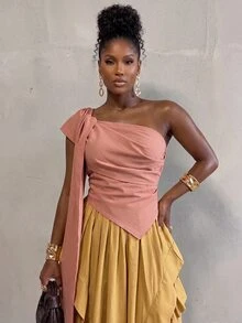 BamGlimmer Damen Sommer Oversized Romantisch Elegant Asymmetrisch Ein-Schulter gerafftes figurbetontes Top Saum Lässig Reise Date Brunch Hochzeit Party Altrosa - Rostbraun - Übersicht 4