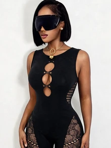 BamGleam 1pc Women's Solid Sleeveless Hollow Out Sexy Mesh Top, Minimalist & Fashion, Suitable For Summer - Black - View 7