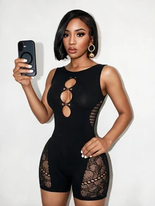 BamGleam 1pc Women's Solid Sleeveless Hollow Out Sexy Mesh Top, Minimalist & Fashion, Suitable For Summer - Black - View 4