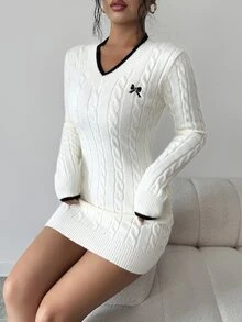 SHEIN Elenzya V-Neck Cable Knit Sweater Dress For Autumn/Winter - White - View 1
