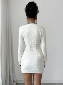 SHEIN Elenzya V-Neck Cable Knit Sweater Dress For Autumn/Winter - White - View 2