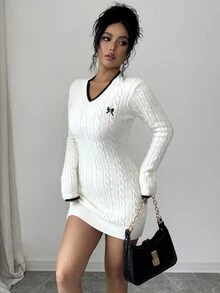 SHEIN Elenzya V-Neck Cable Knit Sweater Dress For Autumn/Winter - White - View 7