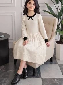 Tween Girl Apricot Bow Decor Knitted Dress Autumn Winter - Apricot - View 1