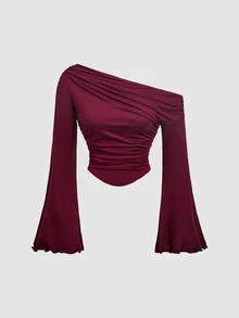 SHEIN MOD Áo nữ màu đỏ rượu vang một vai nhún bèo, tay chuông, gấu áo bất đối xứng, phong cách thời trang thanh lịch, áo nhún bèo nữ, áo trễ vai, áo sát nách - Màu Đỏ Sâu - Xem 3