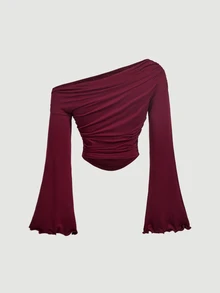 SHEIN MOD Áo nữ màu đỏ rượu vang một vai nhún bèo, tay chuông, gấu áo bất đối xứng, phong cách thời trang thanh lịch, áo nhún bèo nữ, áo trễ vai, áo sát nách - Màu Đỏ Sâu - Xem 4