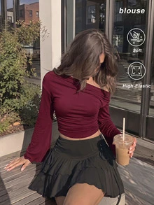 SHEIN MOD Áo nữ màu đỏ rượu vang một vai nhún bèo, tay chuông, gấu áo bất đối xứng, phong cách thời trang thanh lịch, áo nhún bèo nữ, áo trễ vai, áo sát nách - Màu Đỏ Sâu - Xem 1