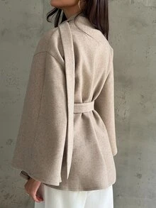 Aloruh Jaket Wol Campuran Wanita Musim Gugur/Dingin, Kerah Mengembang, Pinggang Ramping, dan Dekorasi Logam - Khaki - View 2