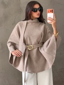 Aloruh Jaket Wol Campuran Wanita Musim Gugur/Dingin, Kerah Mengembang, Pinggang Ramping, dan Dekorasi Logam - Khaki - View 5