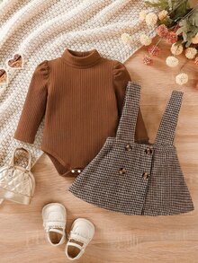 SHEIN 2件組幼女上衣＋吊帶裙，可愛甜美棕色千鳥格羅紋鈕扣泡泡長袖高領常規款，派對秋季假期時尚穿搭 - 棕色 - 查看 7