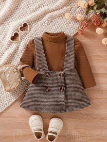 SHEIN 2件組幼女上衣＋吊帶裙，可愛甜美棕色千鳥格羅紋鈕扣泡泡長袖高領常規款，派對秋季假期時尚穿搭 - 棕色 - 查看 1