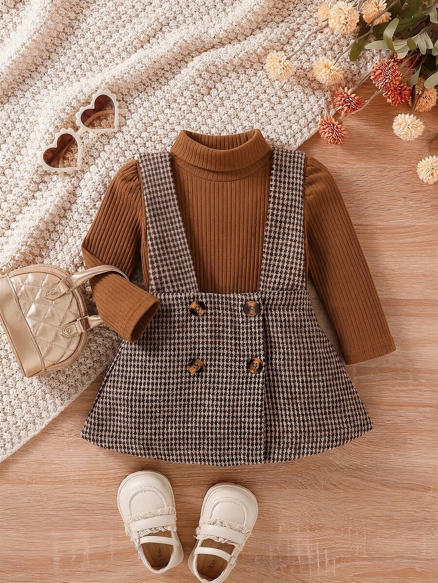 SHEIN 2件組幼女上衣＋吊帶裙，可愛甜美棕色千鳥格羅紋鈕扣泡泡長袖高領常規款，派對秋季假期時尚穿搭 - 棕色 - 查看 1