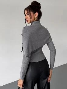 Firerie Women's Chic Gray Turtleneck Sweater With Asymmetric Drape And Button Detail Long Sleeve Knit Top Office Brunch Grey Winter Minimalist Casual Elegant - Dark Grey - View 3
