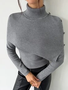 Firerie Women's Chic Gray Turtleneck Sweater With Asymmetric Drape And Button Detail Long Sleeve Knit Top Office Brunch Grey Winter Minimalist Casual Elegant - Dark Grey - View 7