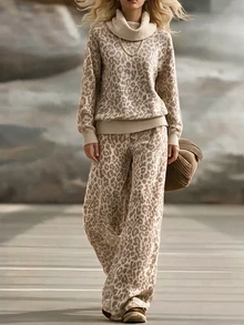 SHEIN New Leopard Print Knit Two Pieces Outfit, Oversized Draped Turtleneck Sweater Matching Wide Leg Trouser - Multicolor - View 3