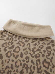 SHEIN New Leopard Print Knit Two Pieces Outfit, Oversized Draped Turtleneck Sweater Matching Wide Leg Trouser - Multicolor - View 8