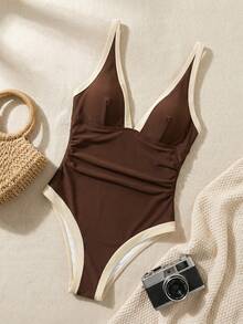 Swim Chiccia Women's Solid Color Contrast Elegant Adjustable Thick Strap Deep V-Neck Backless One-Piece Swimsuit - Coffee Brown - View 5