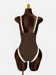 Swim Chiccia Women's Solid Color Contrast Elegant Adjustable Thick Strap Deep V-Neck Backless One-Piece Swimsuit - Coffee Brown - View 6