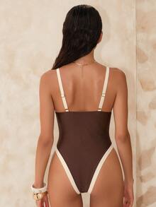 Swim Chiccia Women's Solid Color Contrast Elegant Adjustable Thick Strap Deep V-Neck Backless One-Piece Swimsuit - Coffee Brown - View 2