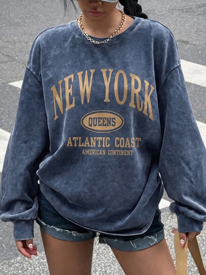 Comfortcana Plus Size Women's Letter Print Crew Neck Drop Shoulder Long Sleeve Casual Sweatshirt