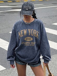 Comfortcana Plus Size Women's Letter Print Crew Neck Drop Shoulder Long Sleeve Casual Sweatshirt - Navy Blue - View 3